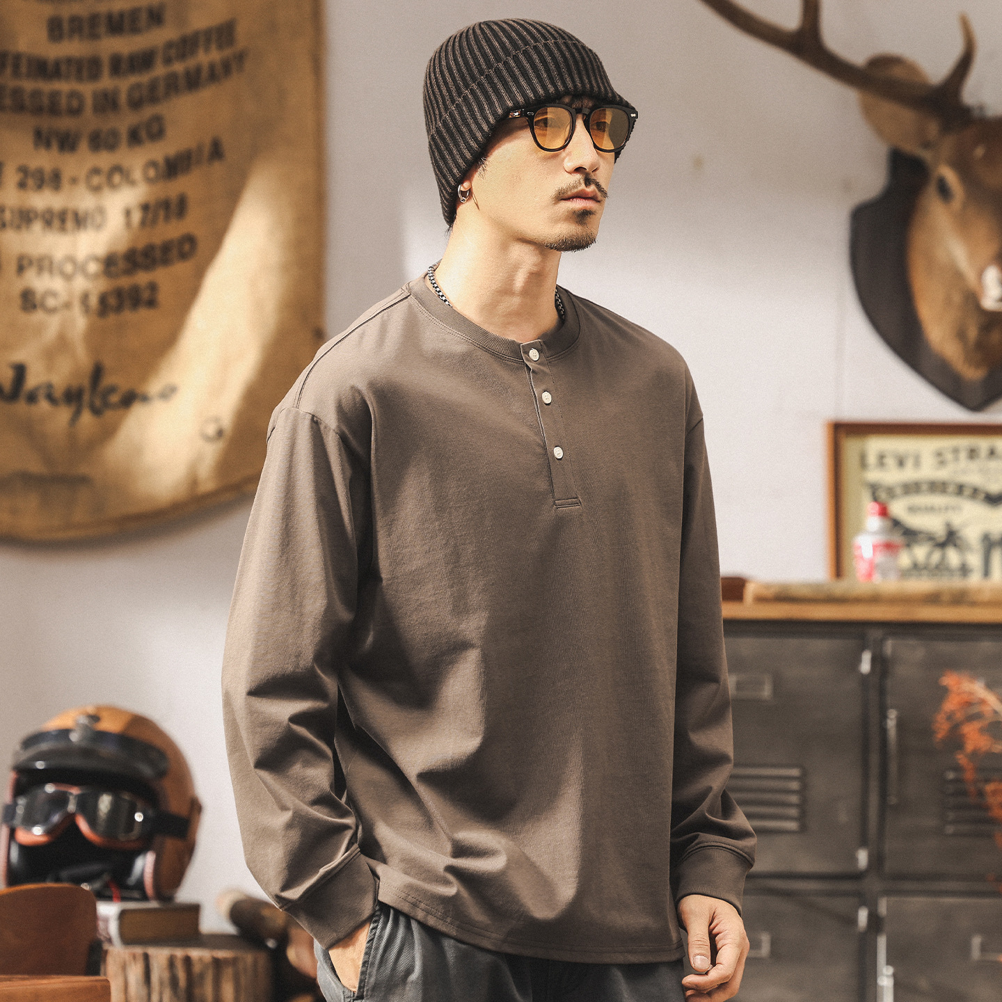 美式復古亨利領t恤男長袖秋季2025新款潮流上衣男寬鬆休閒polo衫