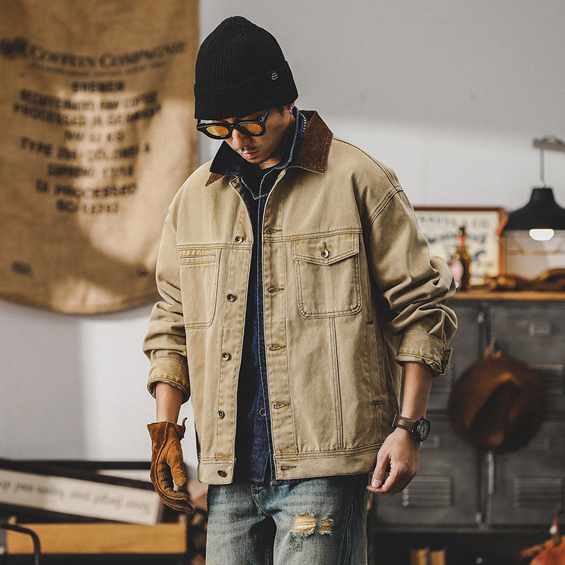 美式經典復古工裝外套男春秋款2024撞色痞帥寬鬆潮牌男士休閒夾克