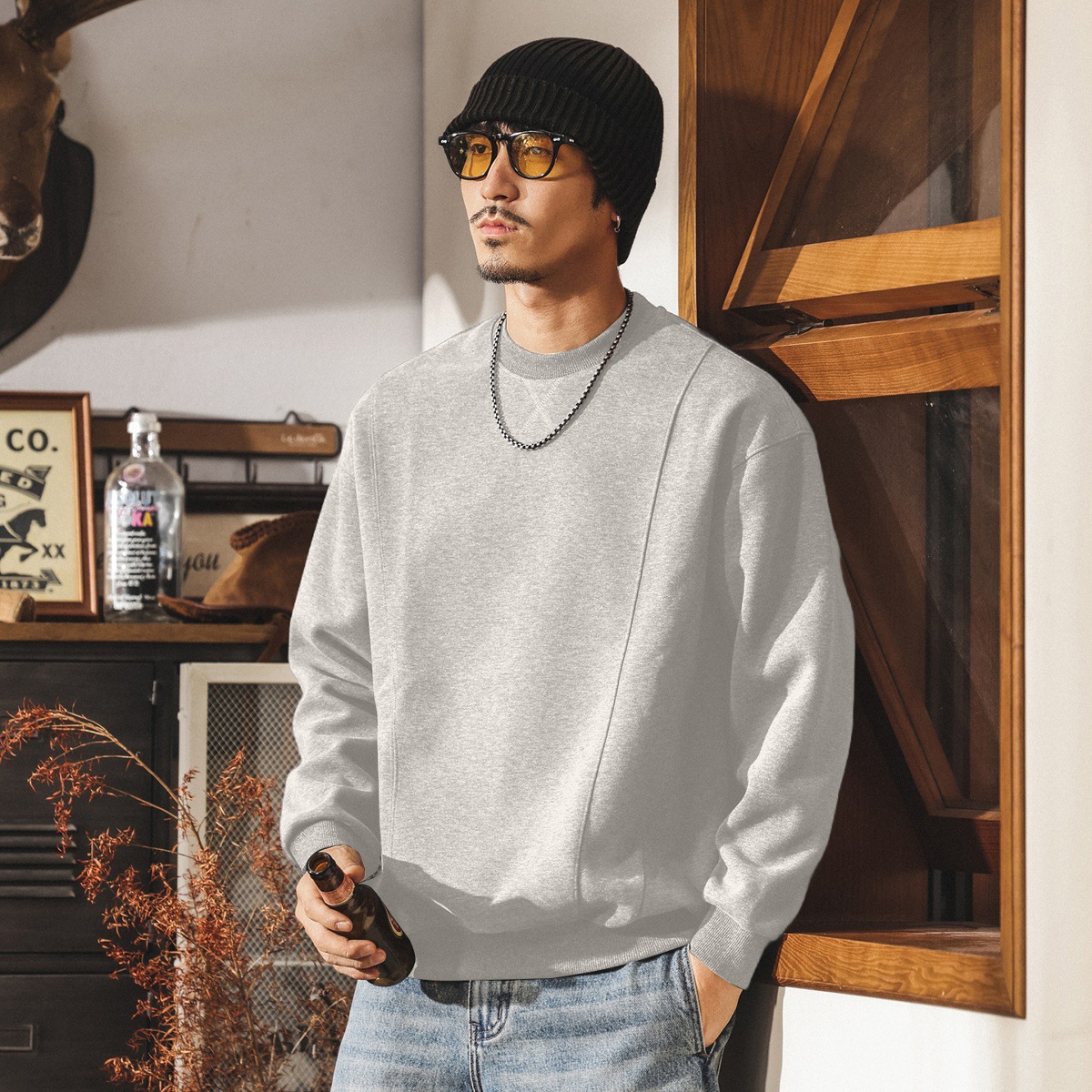 美式復古380g重磅圓領衛衣男春秋新款簡約拼接寬鬆休閒早秋上衣男