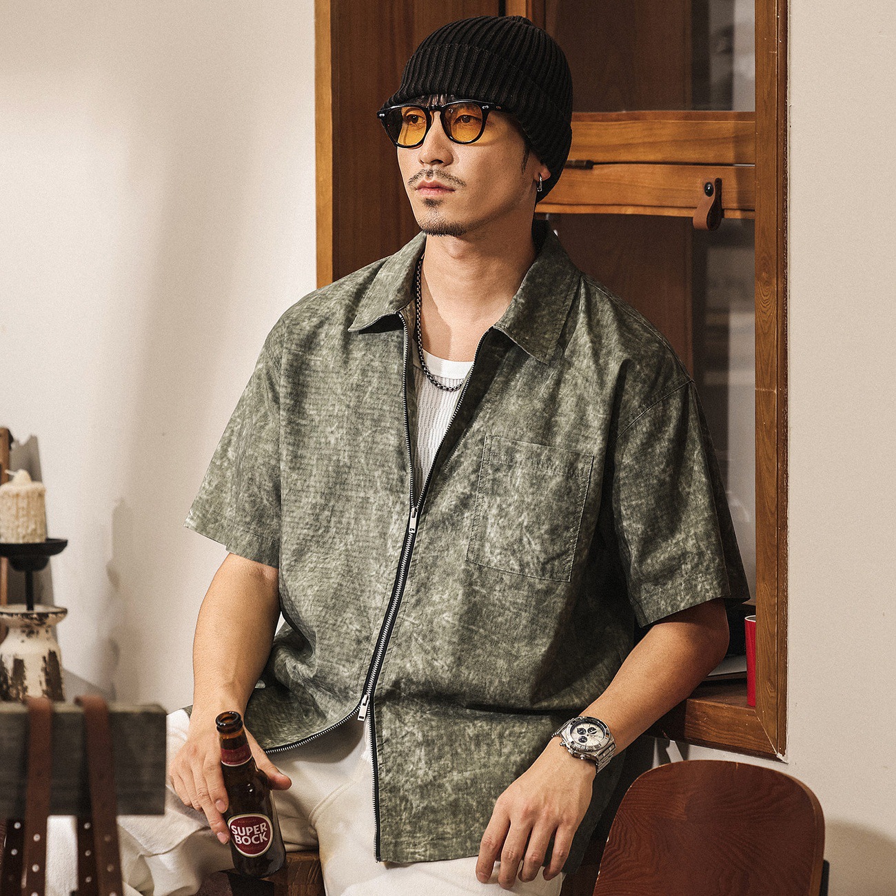 美式復古做舊扎染短袖襯衫男夏季2026新款潮流外套痞帥寬鬆襯衣男