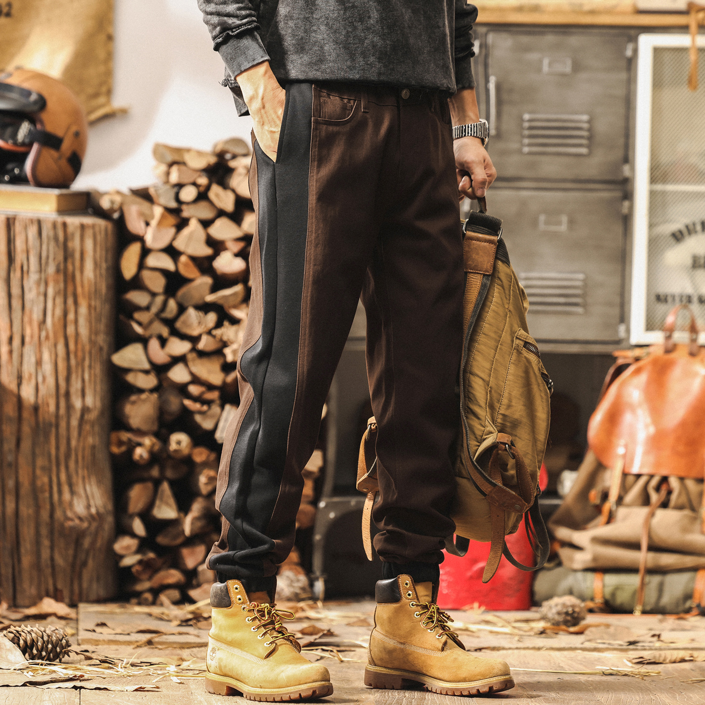 美式復古潮流設計感休閒褲男寬鬆2025新款針織拼接秋季男士褲子潮