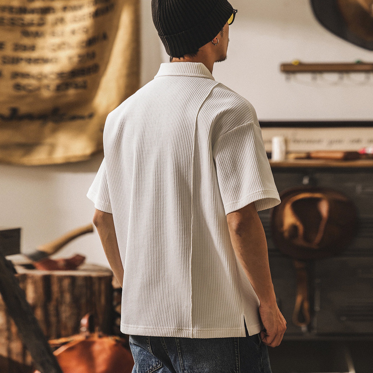 美式復古華夫格Polo衫短袖男夏季2026新款潮牌寬鬆休閒翻領T恤男