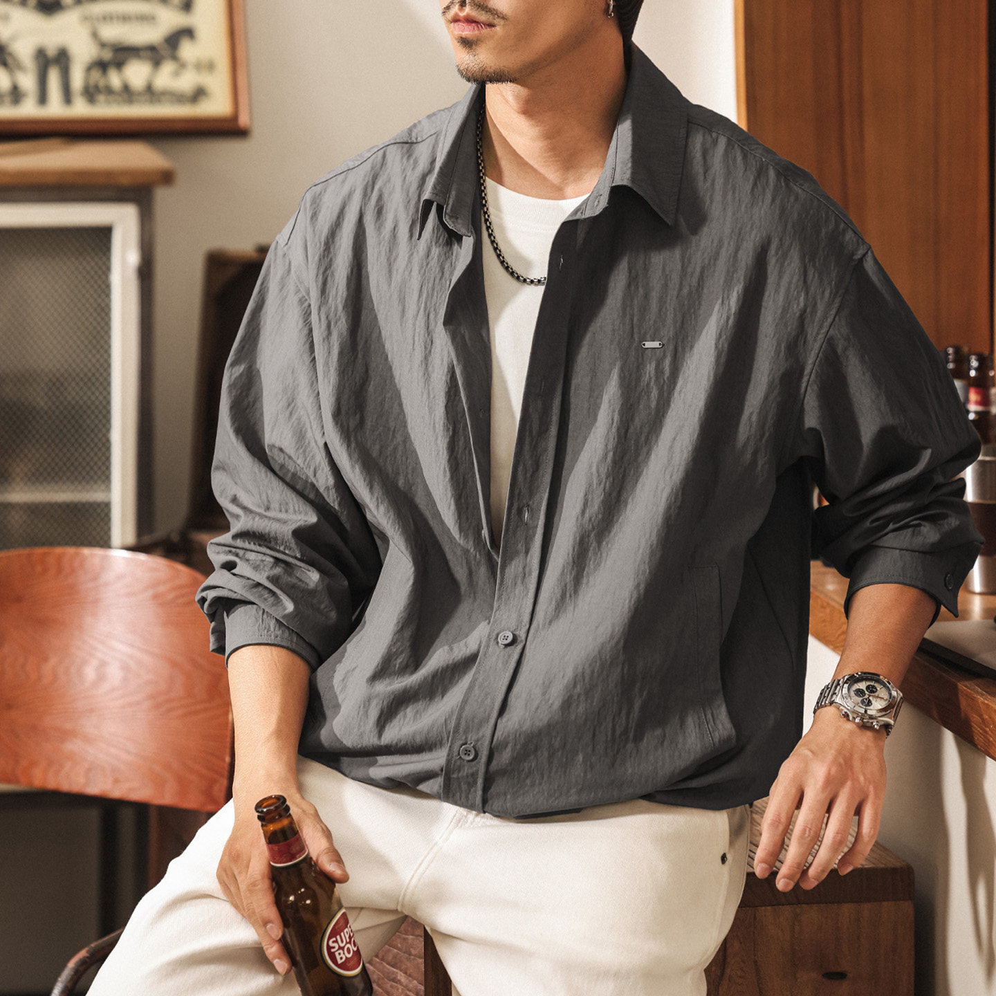 美式復古假兩件長袖襯衫外套男款春季潮牌寬鬆垂感襯衣男休閒夾克