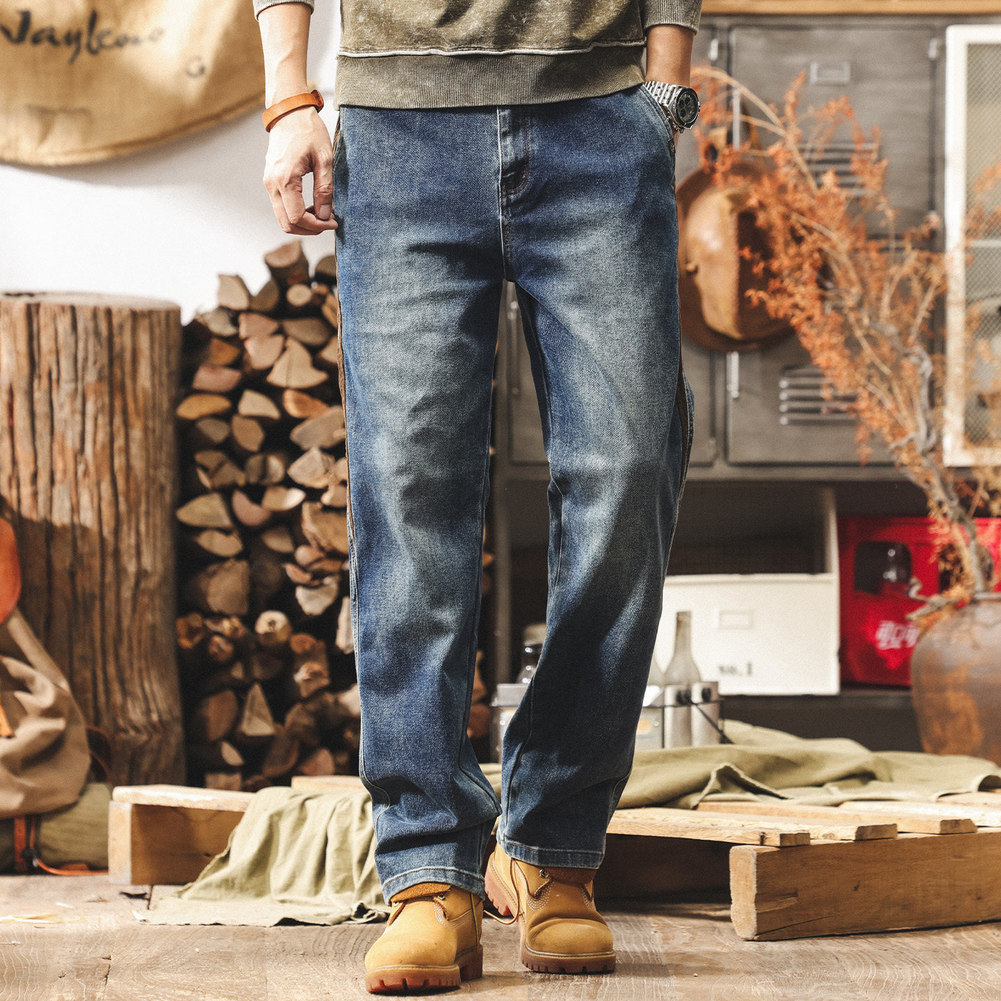 美式復古重磅拼接牛仔褲男2026新款寬鬆直筒褲子男春季潮牌休閒褲