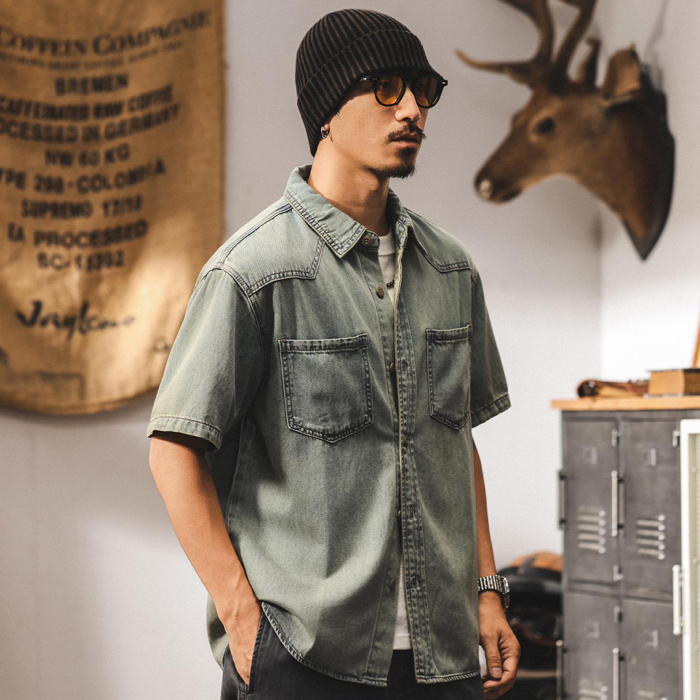 萊賽爾天絲黃泥藍復古牛仔襯衫男夏季新款寬鬆短袖襯衣男薄款外套