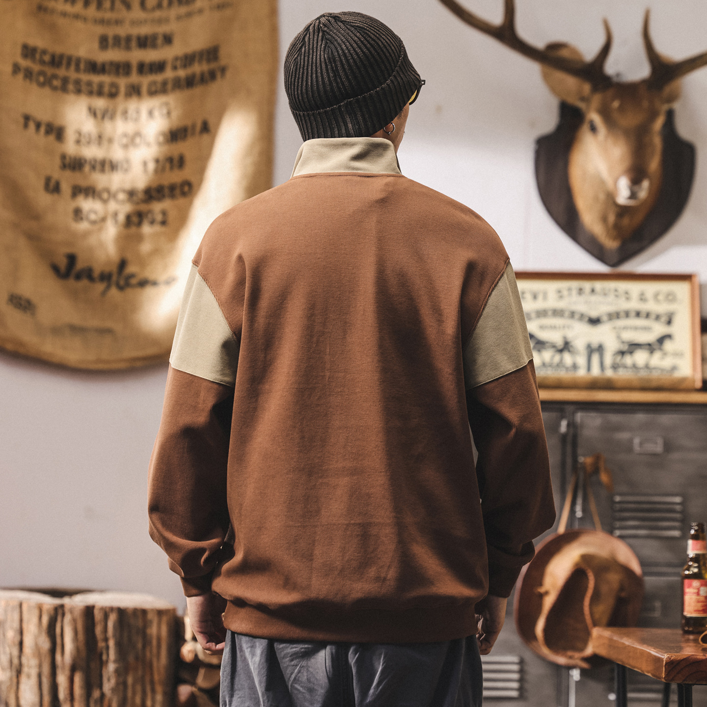 美式復古半拉鍊重磅衛衣男春秋2025新款撞色拼接寬鬆休閒上衣男潮