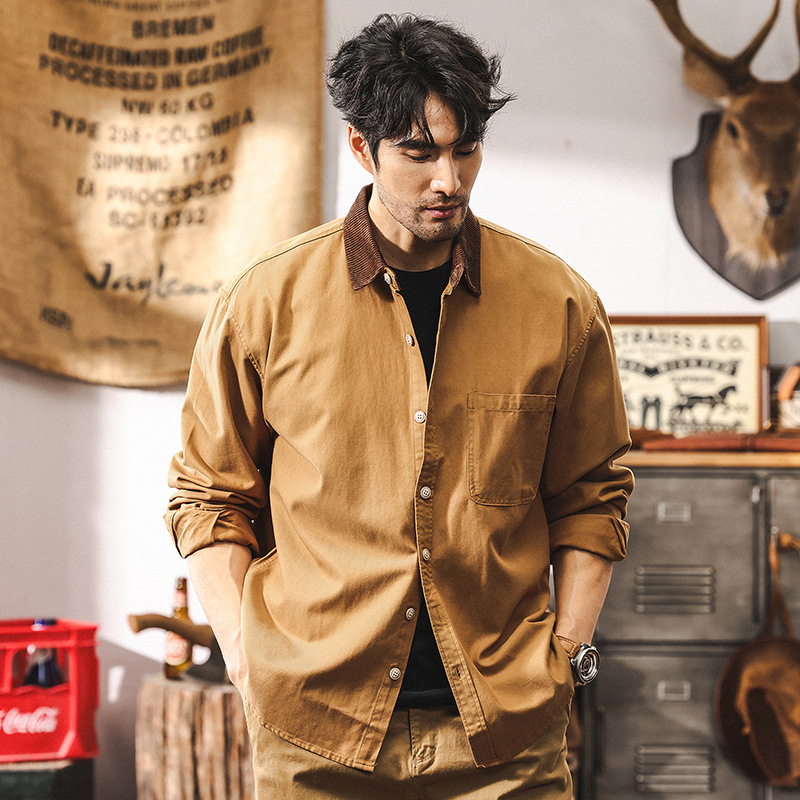 美式復古重磅高級感萊塞爾襯衫外套男抗皺垂感阿美咔嘰工裝襯衣男