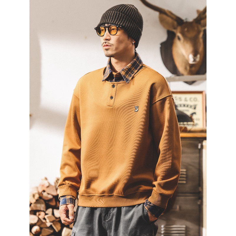 美式復古360g重磅衛衣男秋季潮牌寬鬆休閒襯衫領假兩件外套男春秋