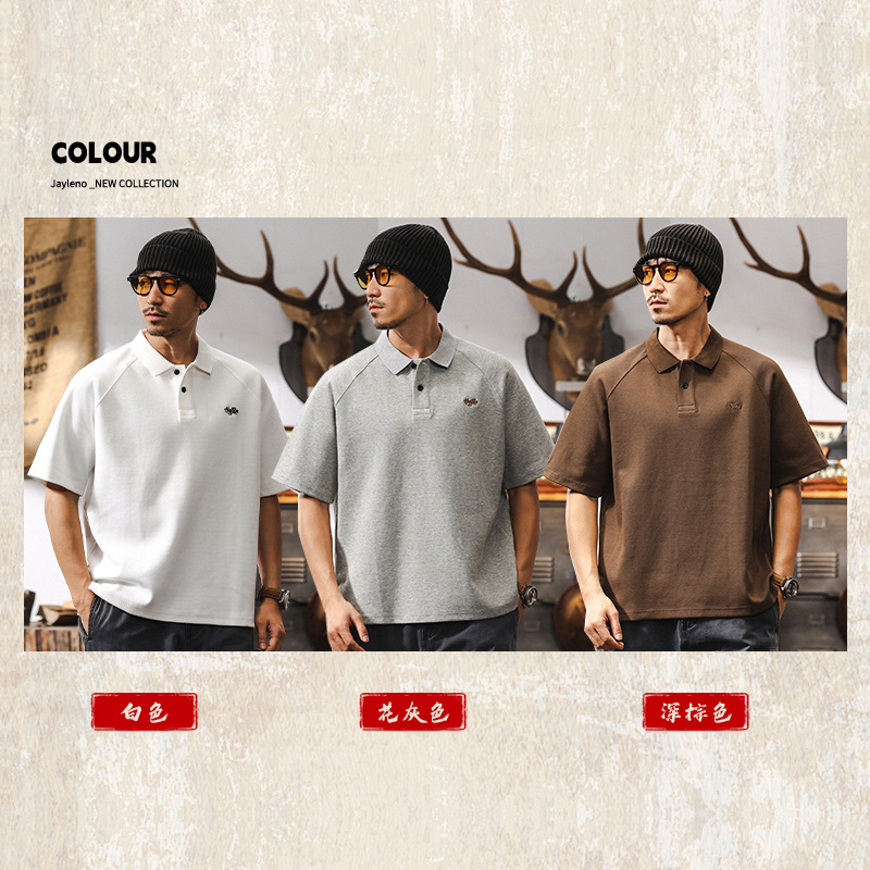 美式復古灰色短袖POLO衫男士夏季新款300g重磅t恤空氣層潮牌上衣