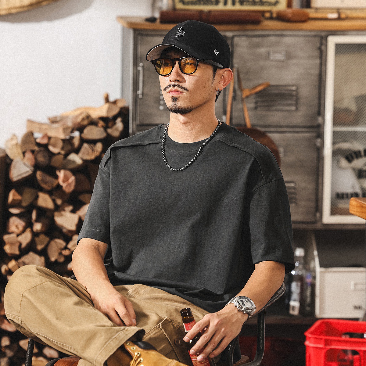 美式復古夏季涼感T恤男短袖重磅痞帥設計感拼接潮流寬鬆上衣