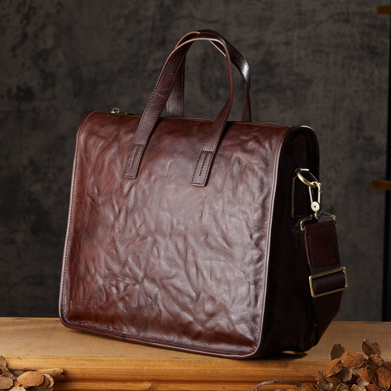 手工植鞣皮手提包男士商務包休閒時尚單肩斜挎包頭層牛皮公文包潮