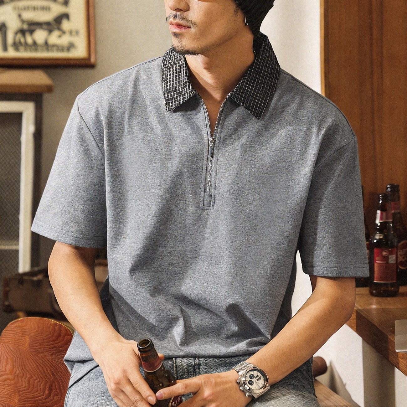 美式復古半拉鍊短袖POLO衫男夏季潮流拼接格紋T恤寬鬆休閒上衣男T