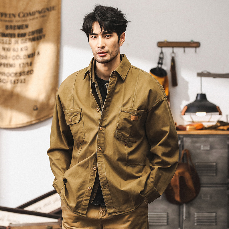 美式復古卡其色工裝襯衫男長袖秋季寬鬆水洗硬漢獵裝夾克男款外套