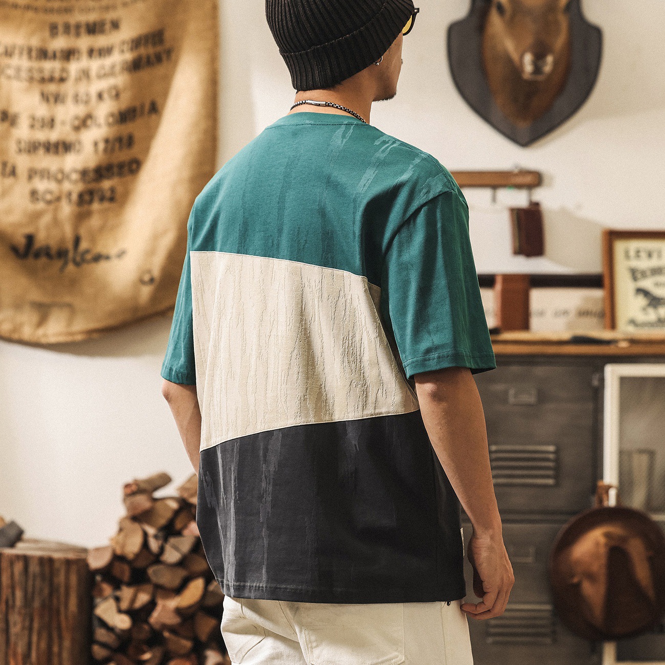 美式復古拼接提花T恤男夏季新款潮流男裝短袖寬鬆休閒上衣男T潮流