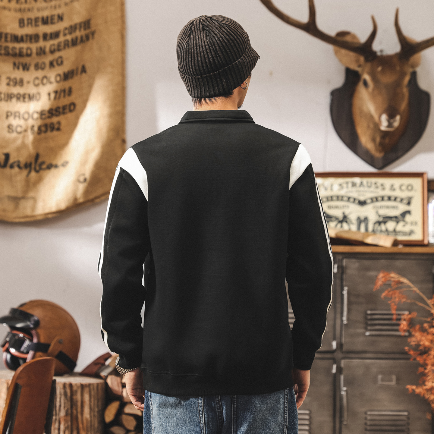 美式復古撞色拼接Polo領衛衣男春秋新款潮牌大碼寬鬆休閒男士上衣