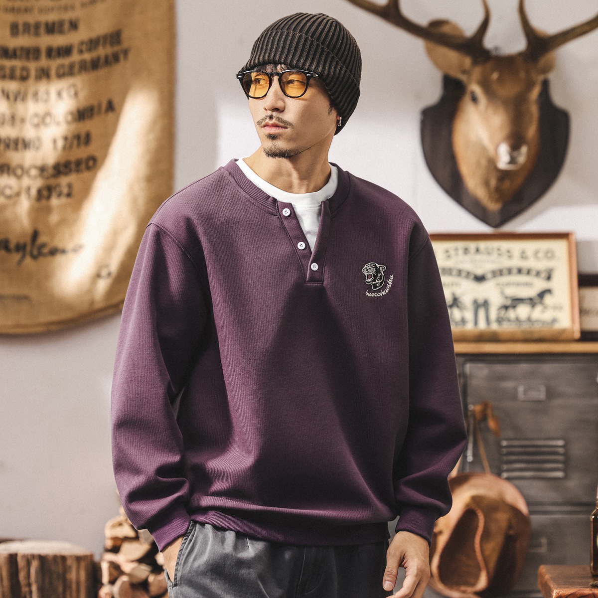 美式復古假兩件衛衣男潮牌2025新款春秋重磅寬鬆亨利領紫色上衣男
