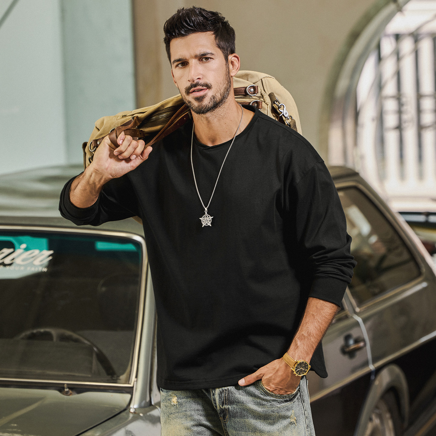 美式復古重磅長袖T恤男春季新款基礎內搭男士打底衫寬鬆上衣