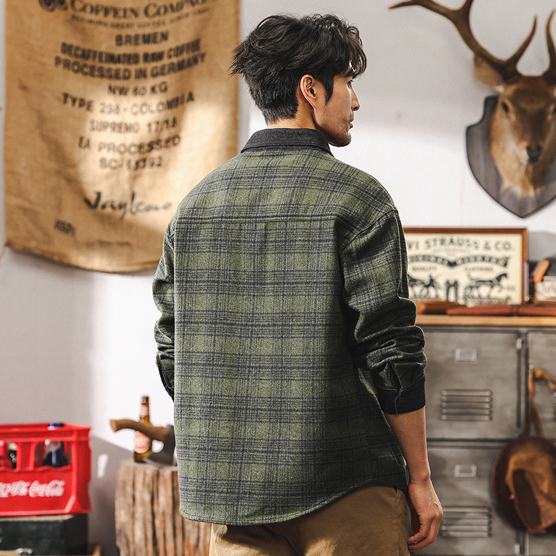 美式經典復古牛仔襯衫男秋季新款硬漢痞帥上衣潮牌長袖格子襯衣男