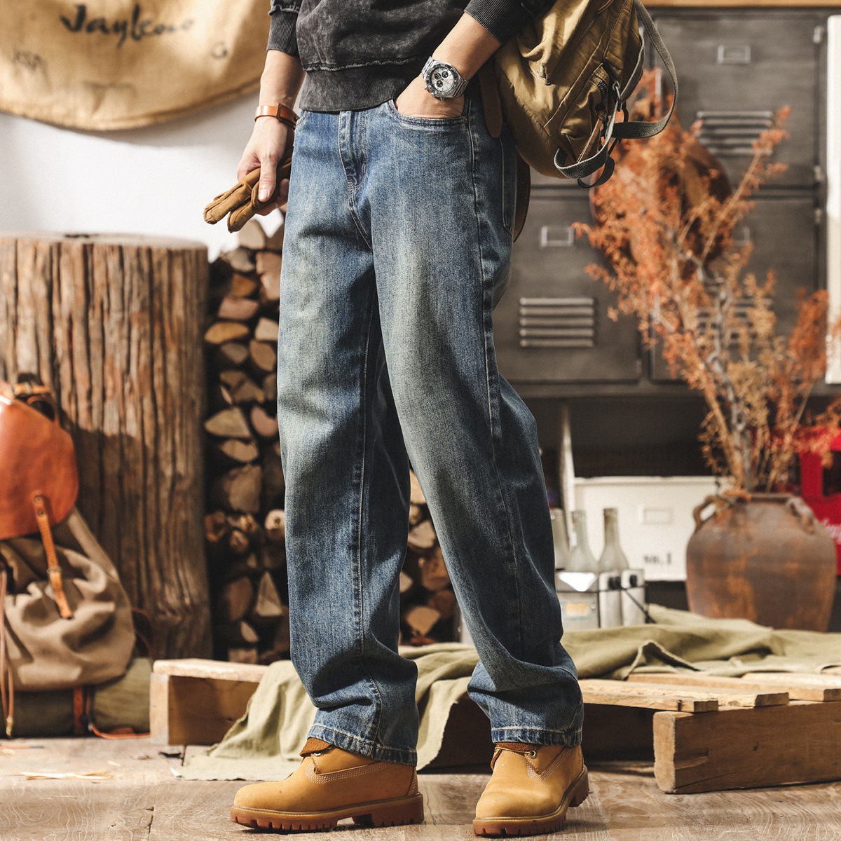 美式復古加絨牛仔褲男2026新款潮牌直筒冬季加厚褲子寬鬆休閒褲男