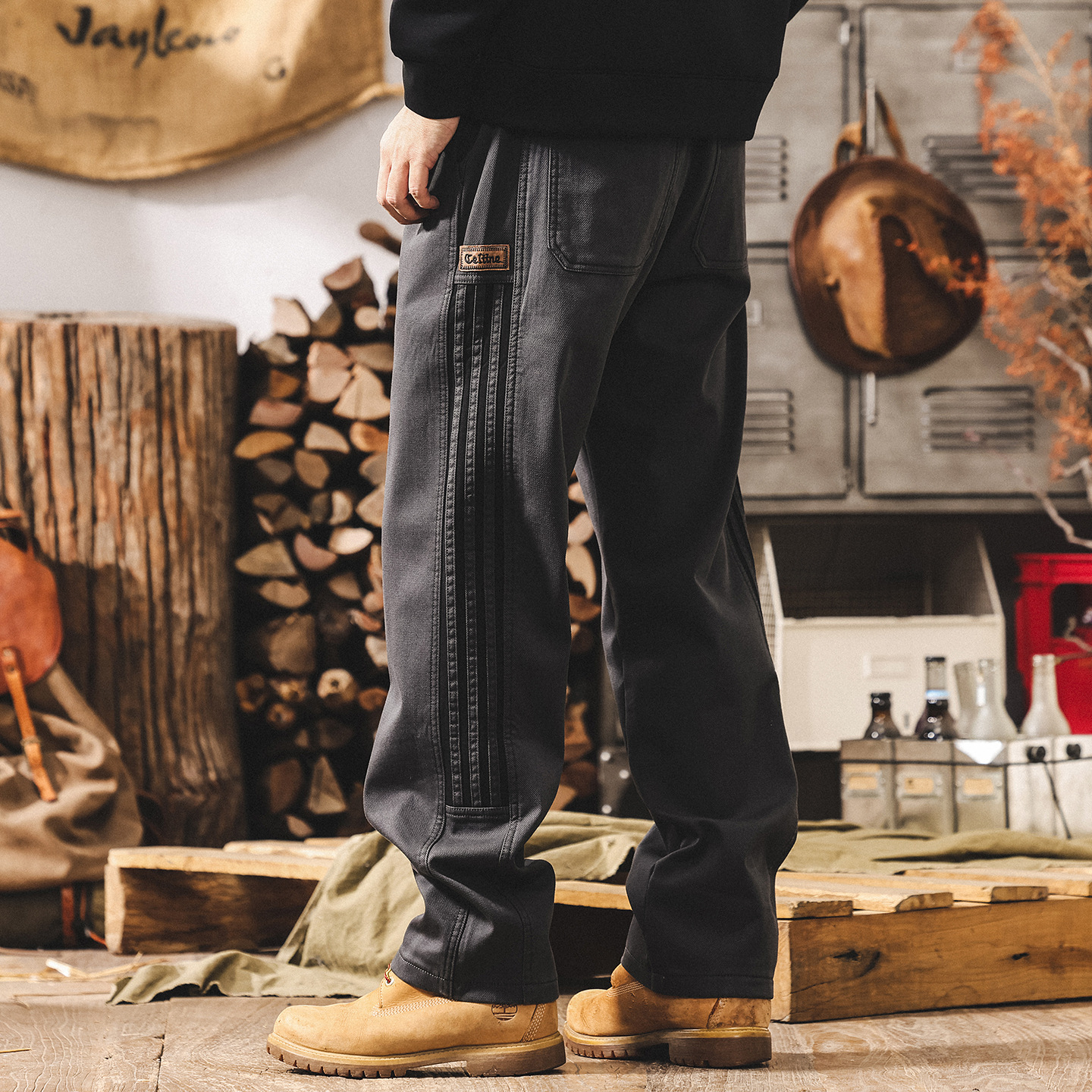 美式復古三條杠條紋加絨工裝褲子男直筒冬季加厚潮牌寬鬆休閒褲男