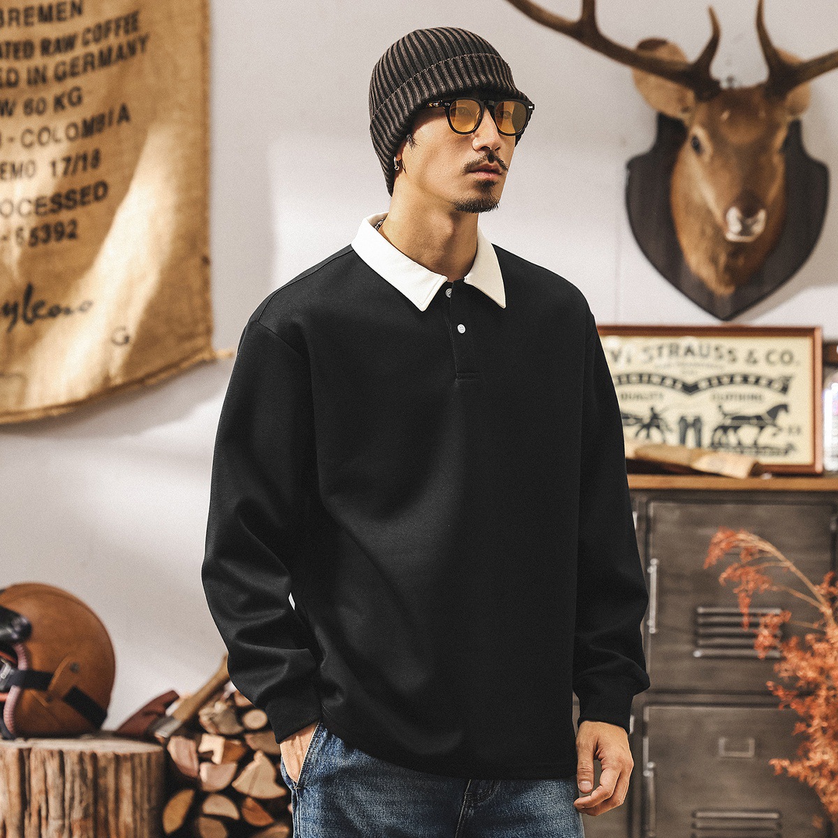 美式復古假兩件襯衫領衛衣男春秋新款寬鬆長袖Polo衫秋季男士上衣