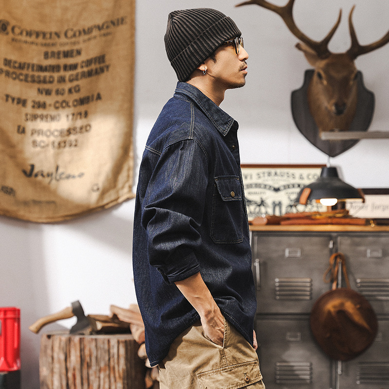 美式復古明線原色牛仔襯衫男春季2025新款工裝長袖襯衣外套男