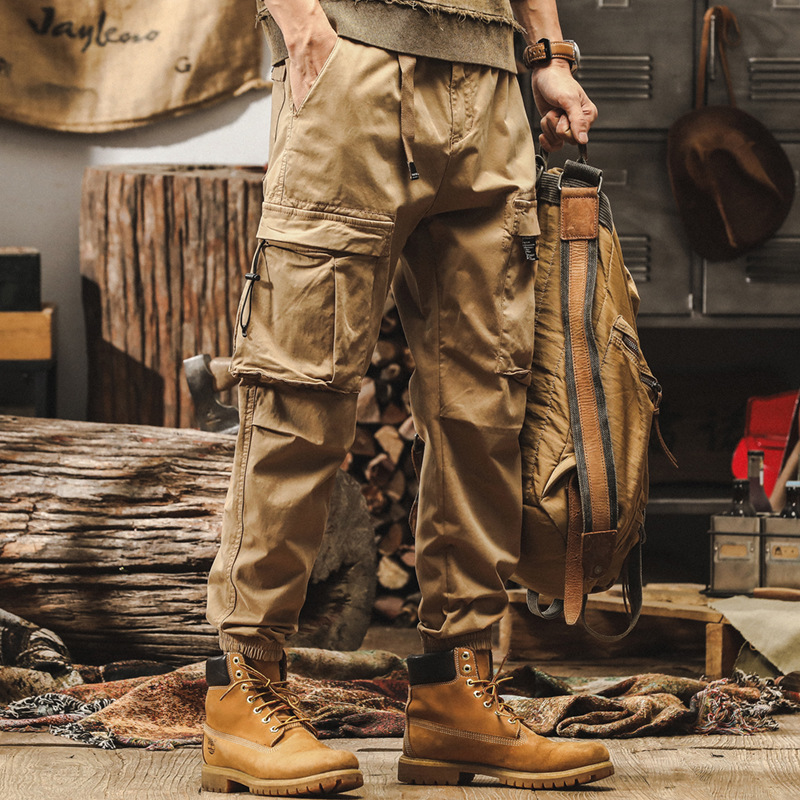 傑雷諾美式復古春季工裝褲子男寬鬆束腳潮牌春秋款水洗男士休閒褲