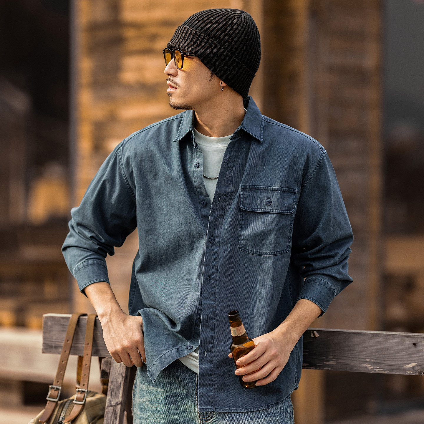 美式復古酵素水洗牛仔襯衫男春季潮牌長袖工裝襯衣寬鬆休閒外套男