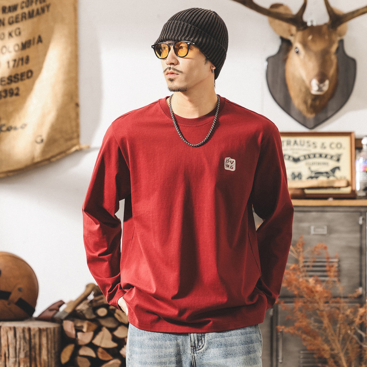 美式復古酒紅色男士t恤長袖春秋新款寬鬆簡約260g重磅打底衫男潮T