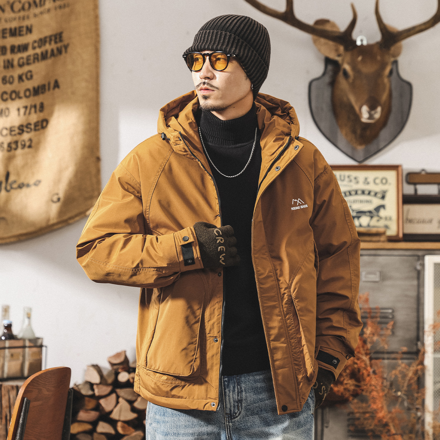 美式復古高充絨蓬鬆連帽冬季羽絨服男加厚90白鴨絨保暖禦寒外套男