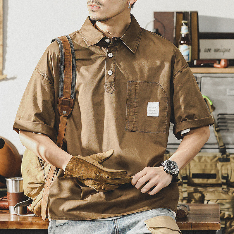 美式重磅復古水洗短袖polo衫男夏季潮牌廓形寬鬆日系T恤男潮