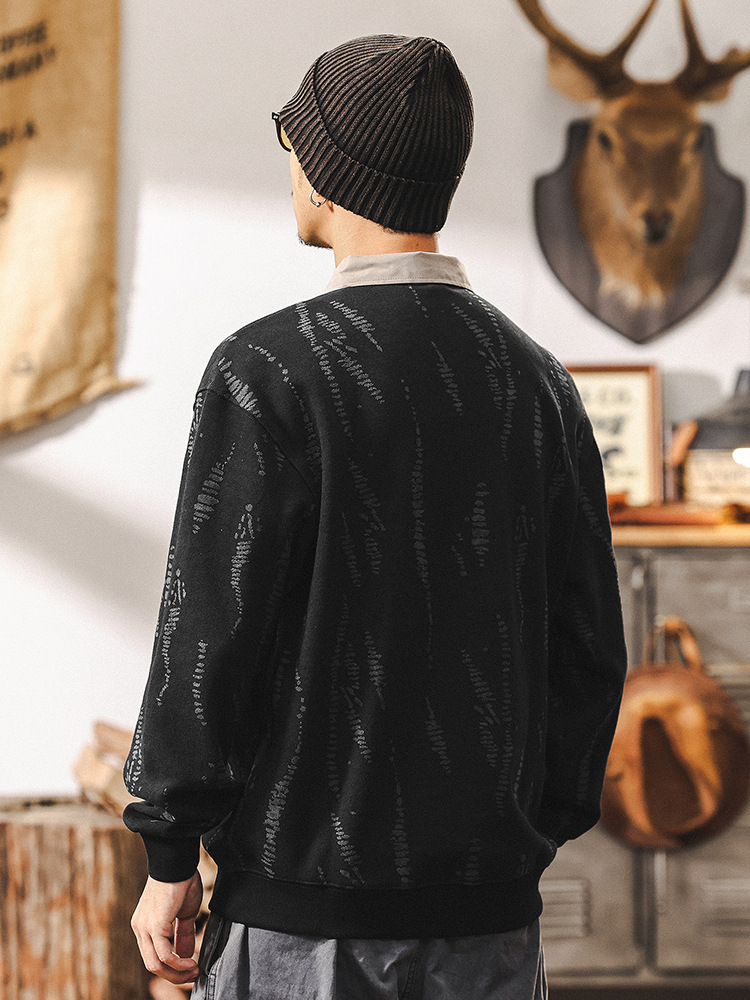 美式重磅復古假兩件衛衣男春季2025新款潮牌提花梭織襯衫領上衣男