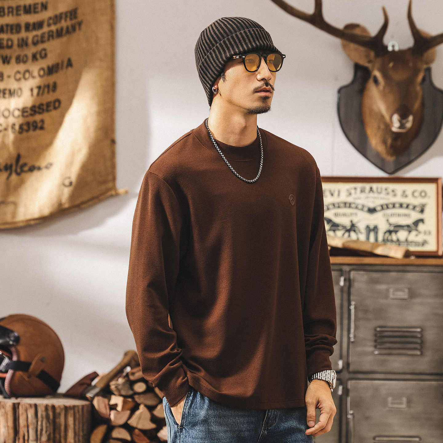 美式復古280g重磅t恤男長袖秋季新款寬鬆潮牌親膚保暖絨感打底衫