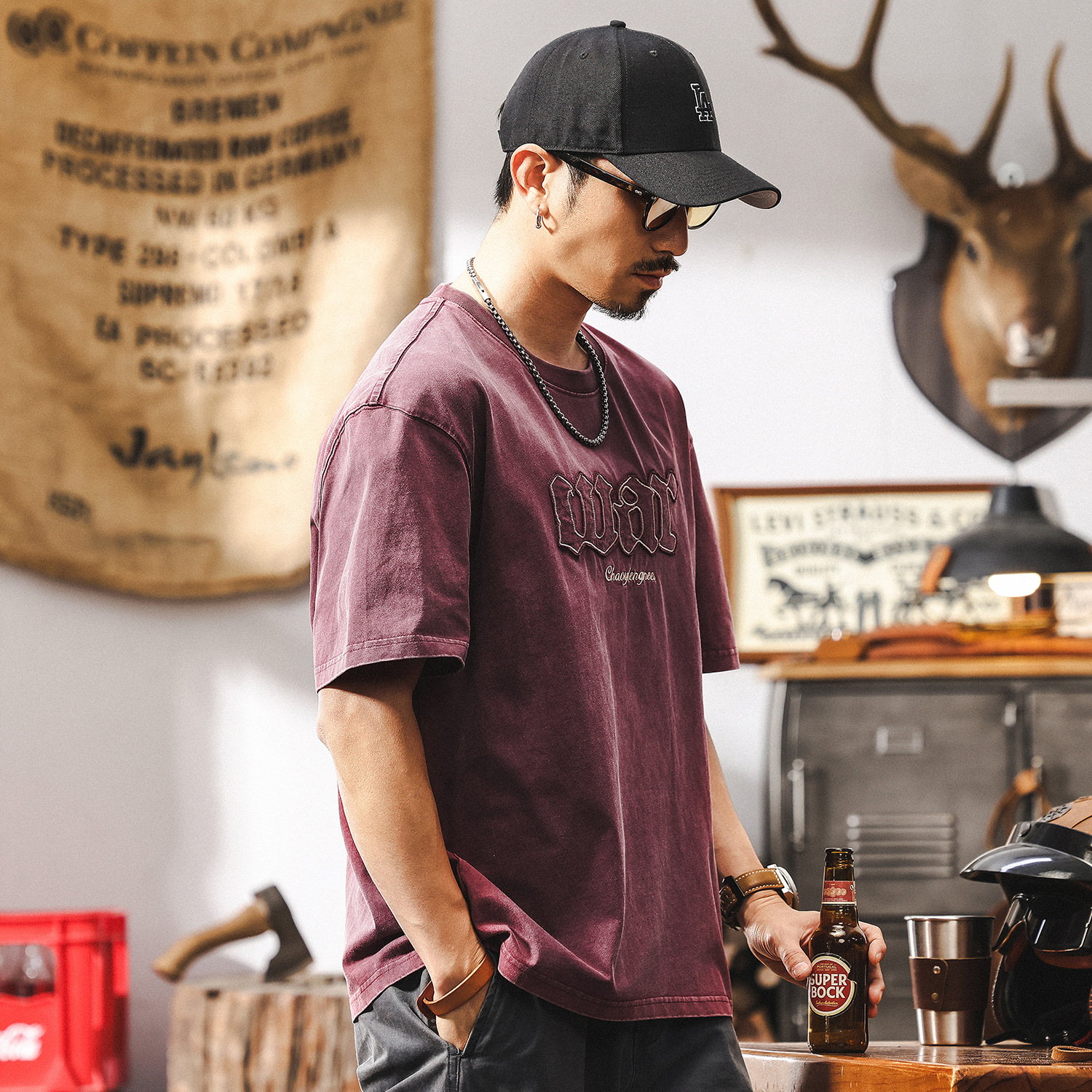 美式復古酒紅色刺繡重磅T恤男短袖夏季潮流2025新款寬鬆休閒上衣T