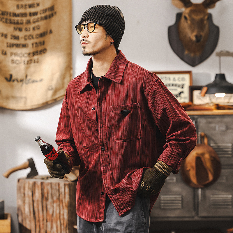 美式復古紅色竹節紋襯衫男長袖春季2025新款寬鬆潮牌休閒襯衣外套
