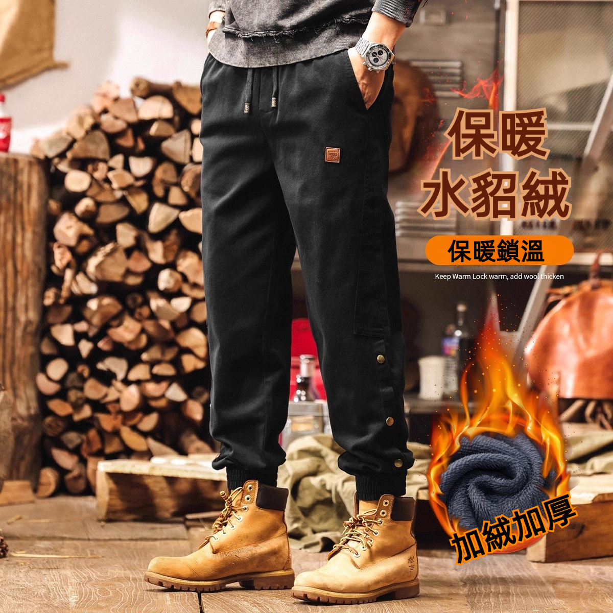 美式重磅復古加絨褲子男士冬季加厚雪花絨休閒褲男款束腳工裝褲子