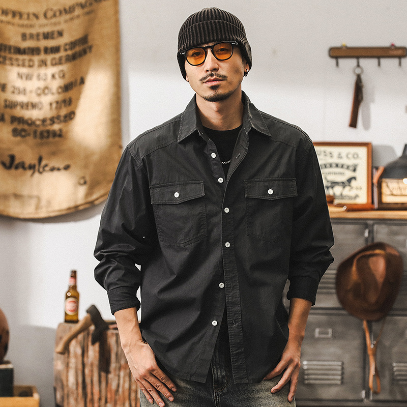 美式復古32支高密工裝襯衫男長袖秋季寬鬆潮牌藍色襯衣男春秋