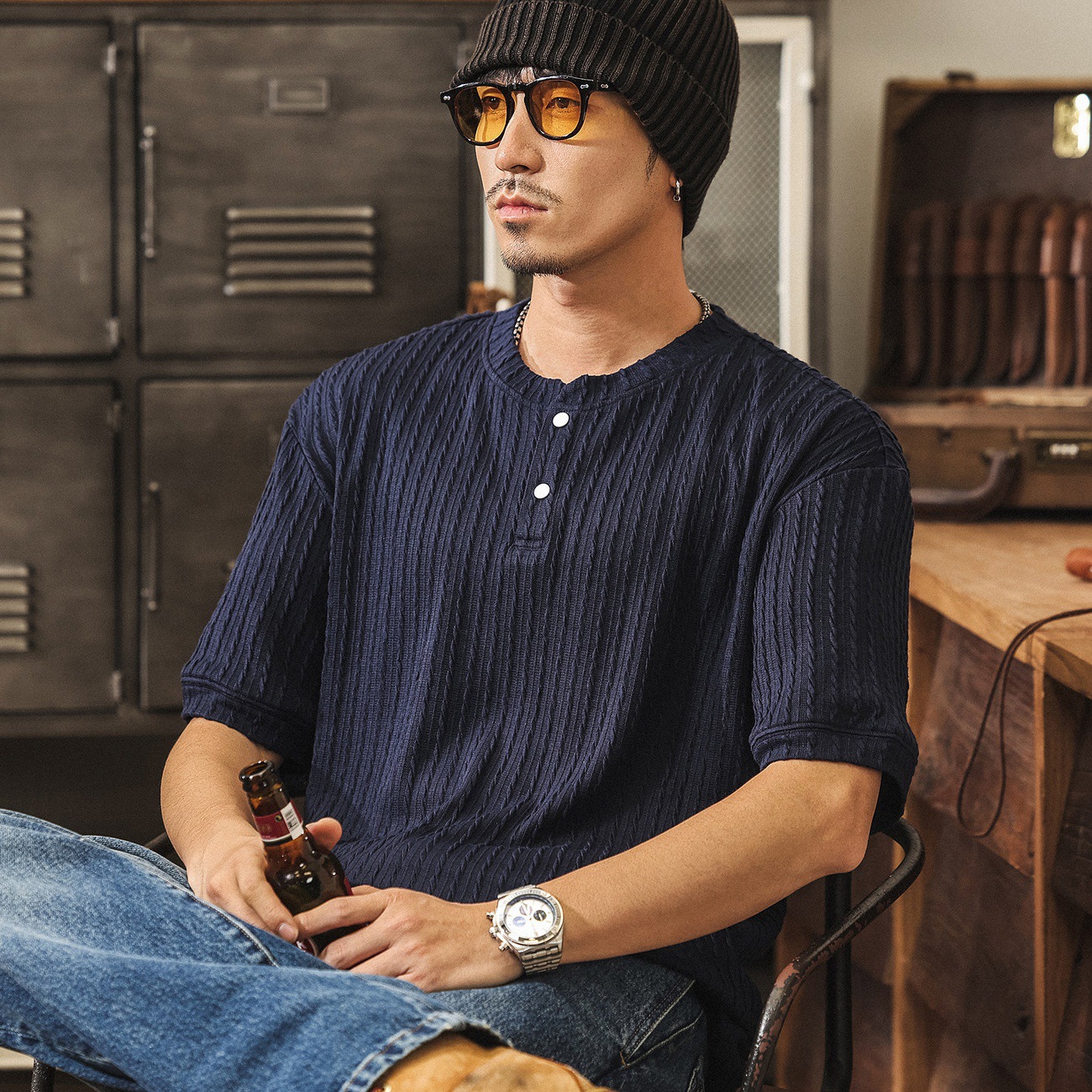 美式復古老錢風亨利領短袖Polo衫男款夏季潮牌豎紋扭花針織T恤男