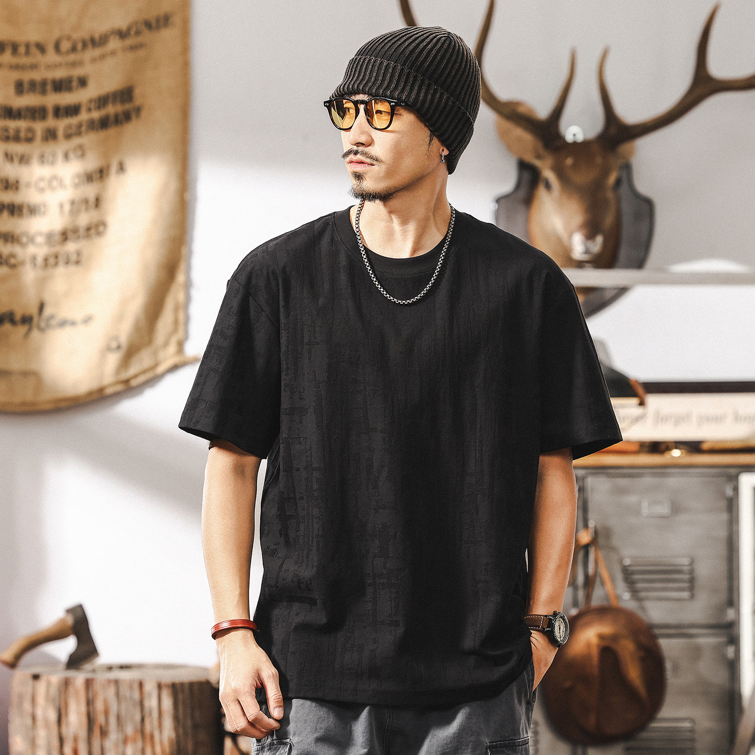 美式復古肌理感提花短袖T恤男夏季2025新款潮流高級感休閒上衣男