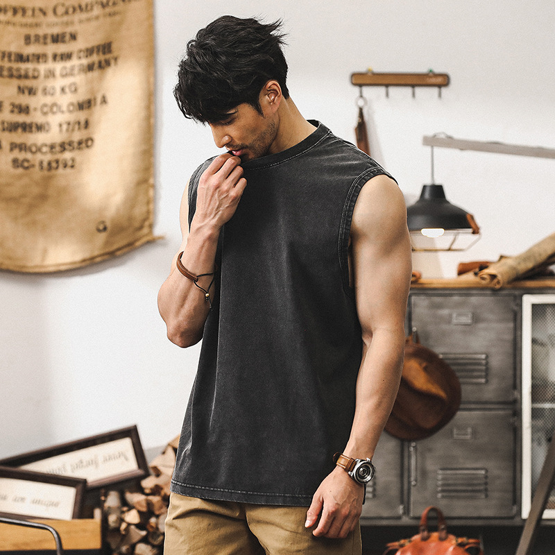 美式復古男士背心夏季寬鬆炒雪花水洗重磅T恤坎肩運動無袖上衣男T