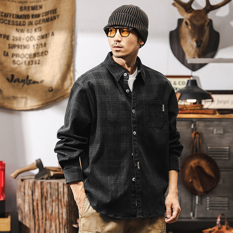 美式復古重磅格子襯衫男外套春季寬鬆大碼2025新款休閒夾克衫襯衣