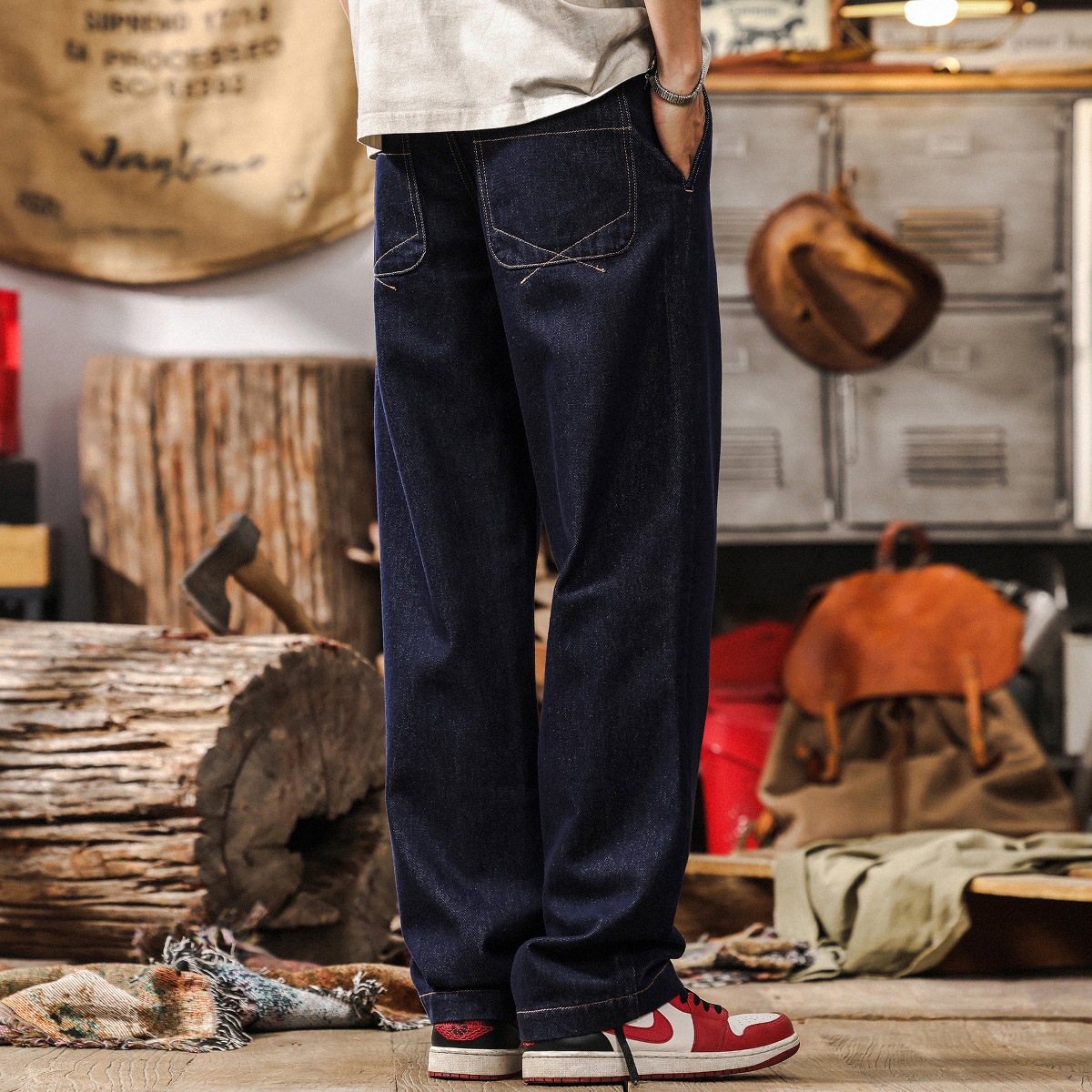 活性染不掉色原色水洗牛仔褲男春季美式復古潮牌寬鬆直筒休閒長褲