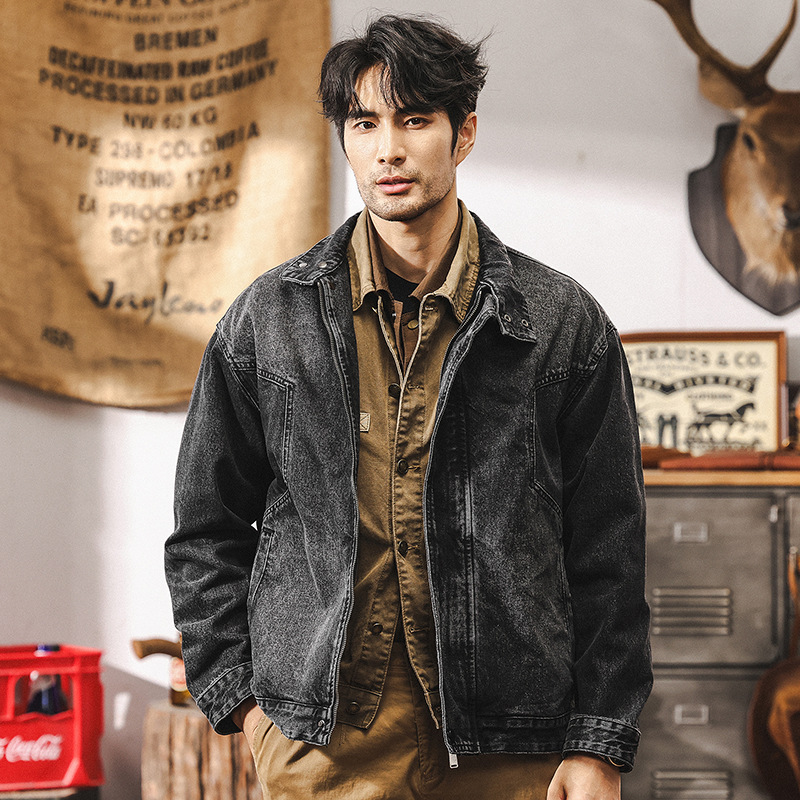 美式經典重磅黑色牛仔外套男秋冬款潮牌阿美咔嘰男款寬鬆休閒夾克