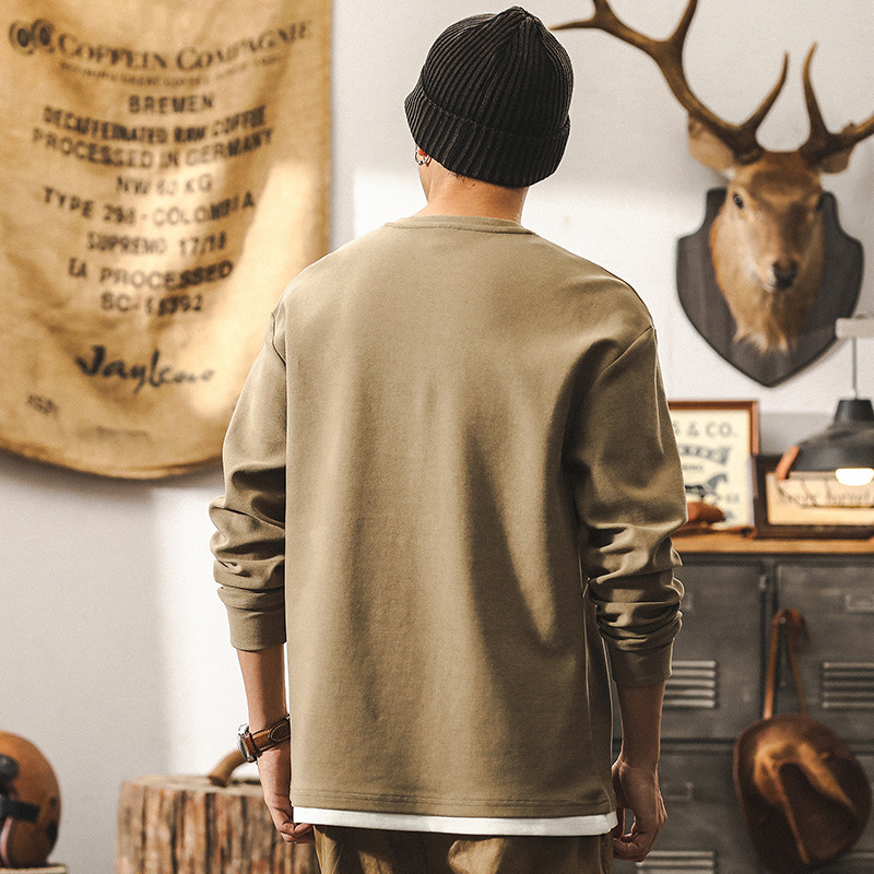 美式復古重磅假兩件長袖T恤男秋季寬鬆簡約百搭雙層V領休閒上衣男