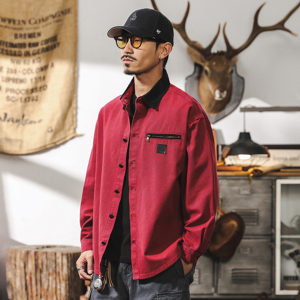 美式復古工裝襯衫男長袖秋季新款戶外獵裝潮牌寬鬆襯衣外套男春秋