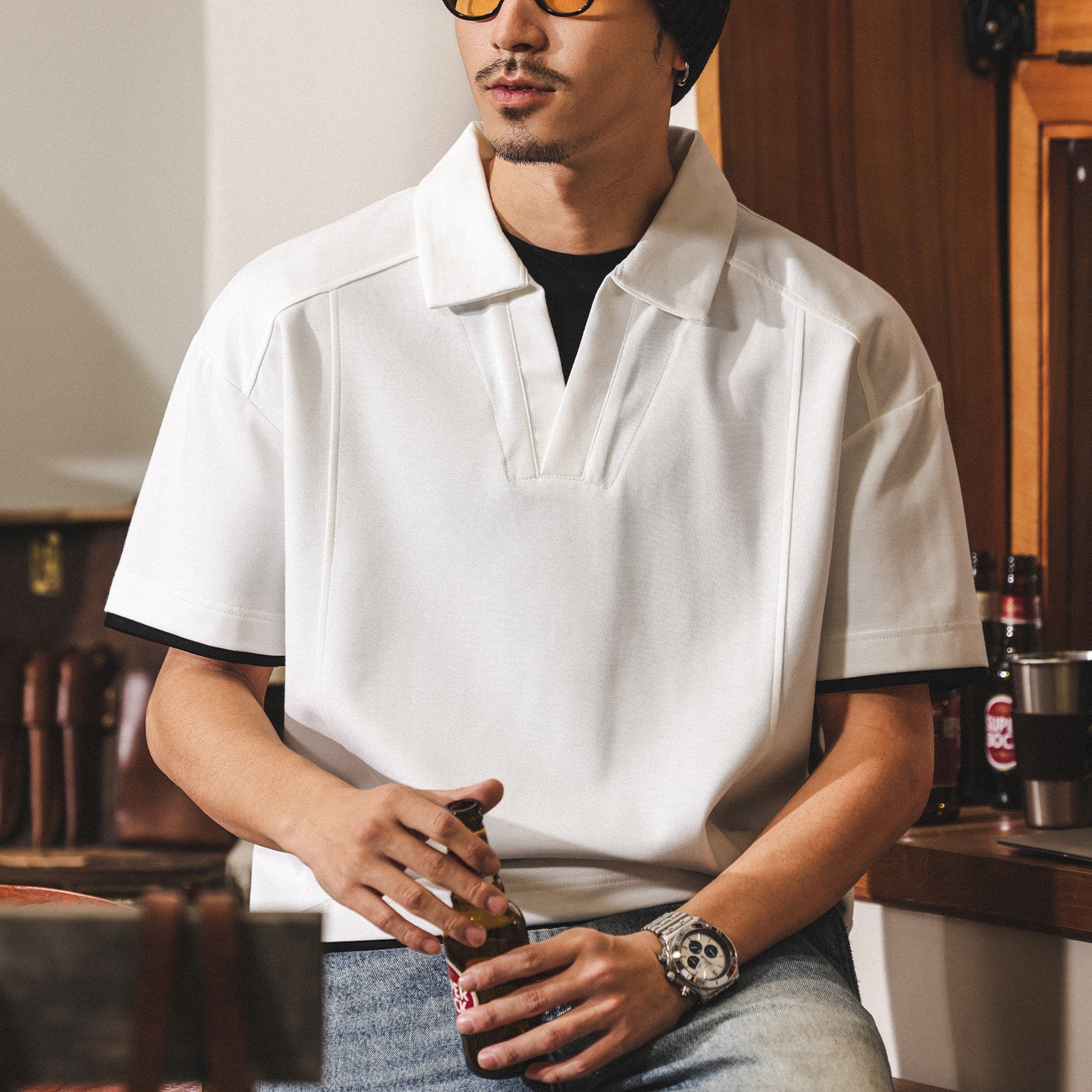 美式復古假兩件果凍棉涼感短袖Polo衫男夏季新款潮牌寬鬆男士T恤