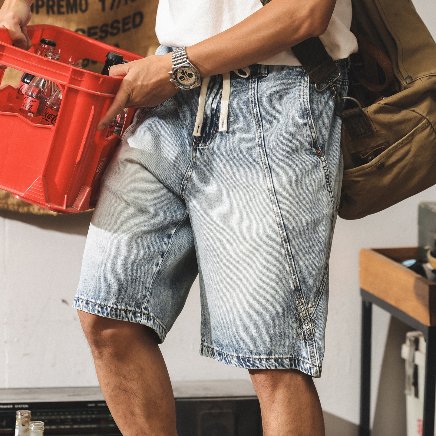 萊賽爾天絲牛仔短褲男潮牌寬鬆直筒五分褲休閒百搭拼接設計感中褲