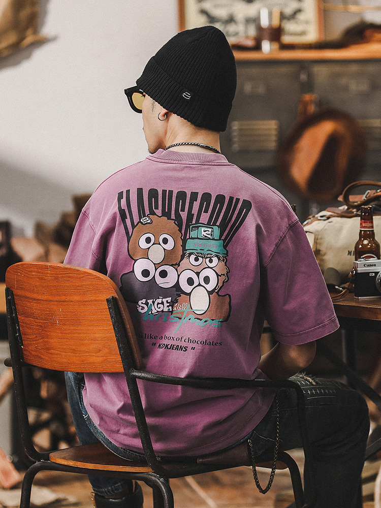 美式潮牌紫色T恤男2024新款趣味塗鴉夏季300g重磅短袖寬鬆上衣男