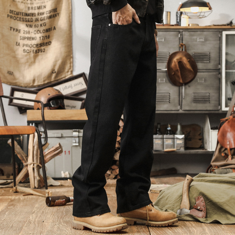 美式復古黑色牛仔褲男2024新款休閒長褲寬鬆直筒加絨男士秋冬褲子
