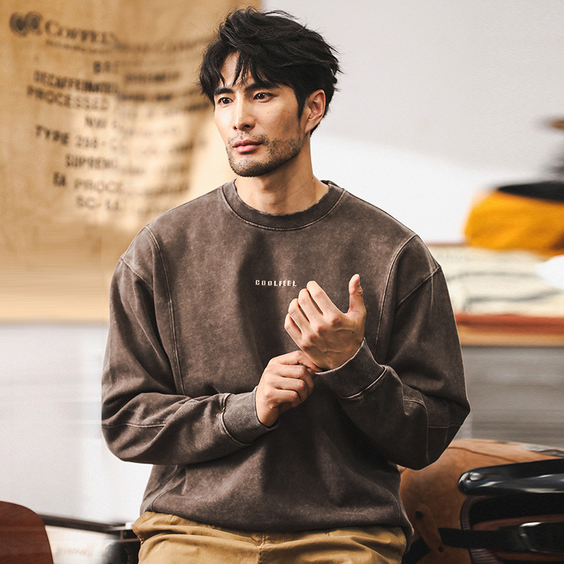 美式復古380g重磅衛衣男秋季潮牌做舊水洗字母刺繡休閒寬鬆上衣男